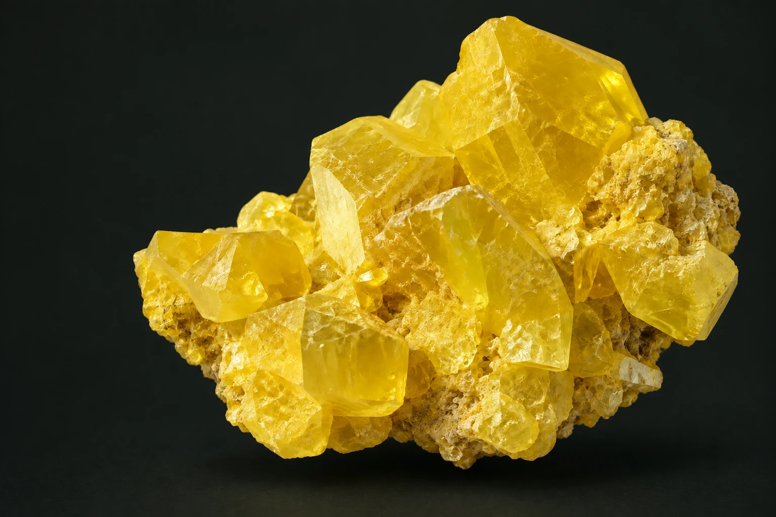 Golden sulphur crystals with naturally faceted surfaces